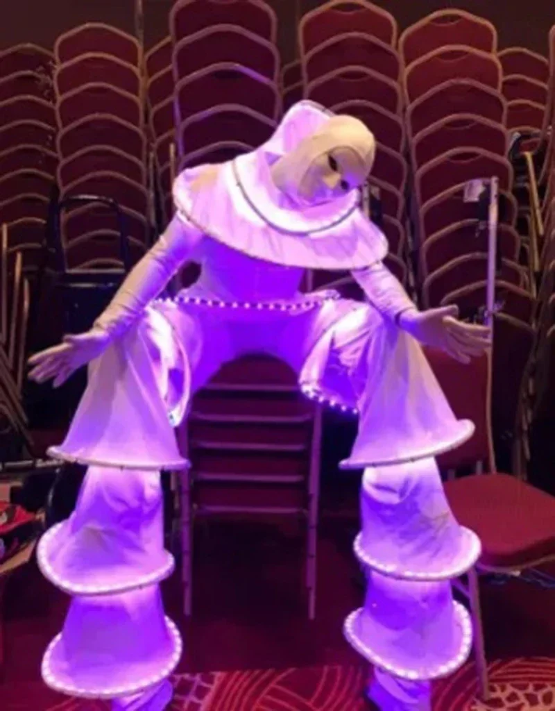 

Adults Halloween Glowing Dress Costume Party Show Stage Performance White Stilts Walker LED Robot Suits