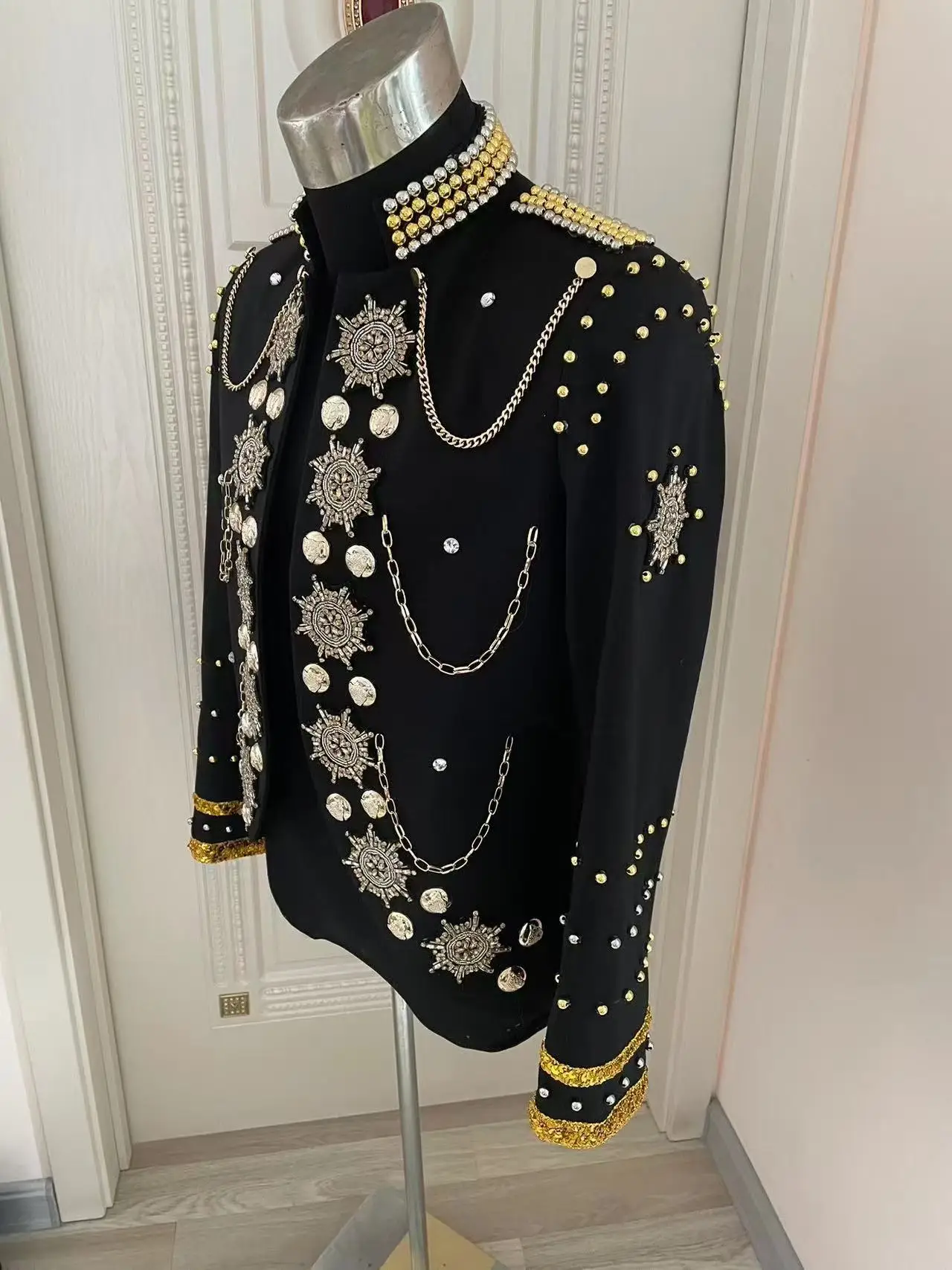 Heavy Metal Chain Black Pearls Jacket Men Cowboy Rock Coat Party Stage Show Singer Dance Performance Coat