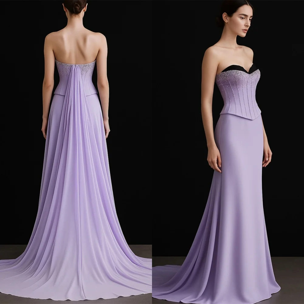 

Customized Elegant Purple Jersey Evening Dress Exquisite Strapless Sleeveless Homecoming Dresses Court Train Party Gowns