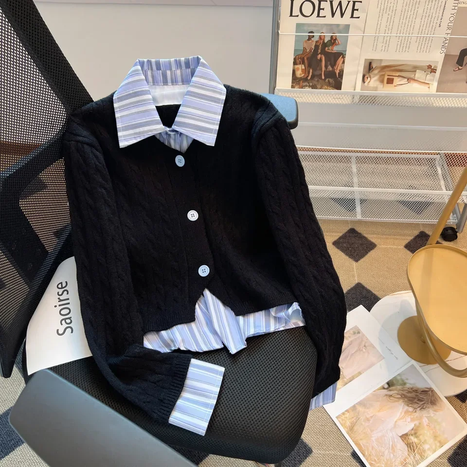 

Striped Shirt Collar Sweater Women's Spring Autumn Two-piece French Style Spliced Knitted Elegant Single Breasted Top