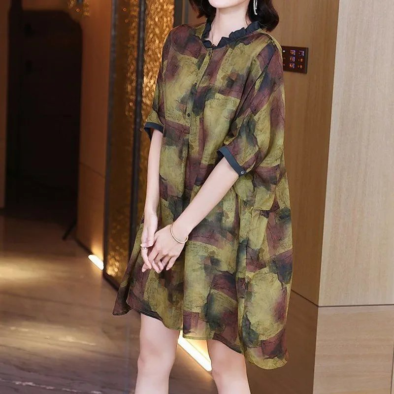 Summer Vintage Loose Waist Printed Dress for Women Fashion Button Spliced Korean Casual Temperament Round Neck Knee Dresses