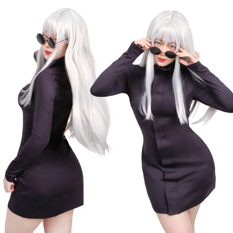 Wenham Frauen uns Größe Gojo Satoru Cosplay Kostüm dehnbare Uniform Anzug Party Outfit lila Kleid mit Brille für Halloween