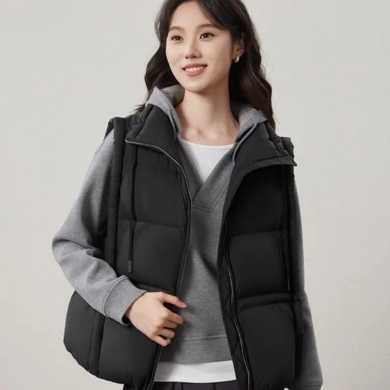 Minimalist Luxury Women Autumn Winter Stand Collar Loose Short Padded Vest Sleeveless Waistcoat For Daily Wear