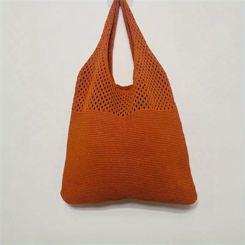 Ästhetische, ausgehöhlte Häkel tasche, Umhängetasche mit großer Kapazität, einfache gestrickte Einkaufstasche für Frauen – Detail 19