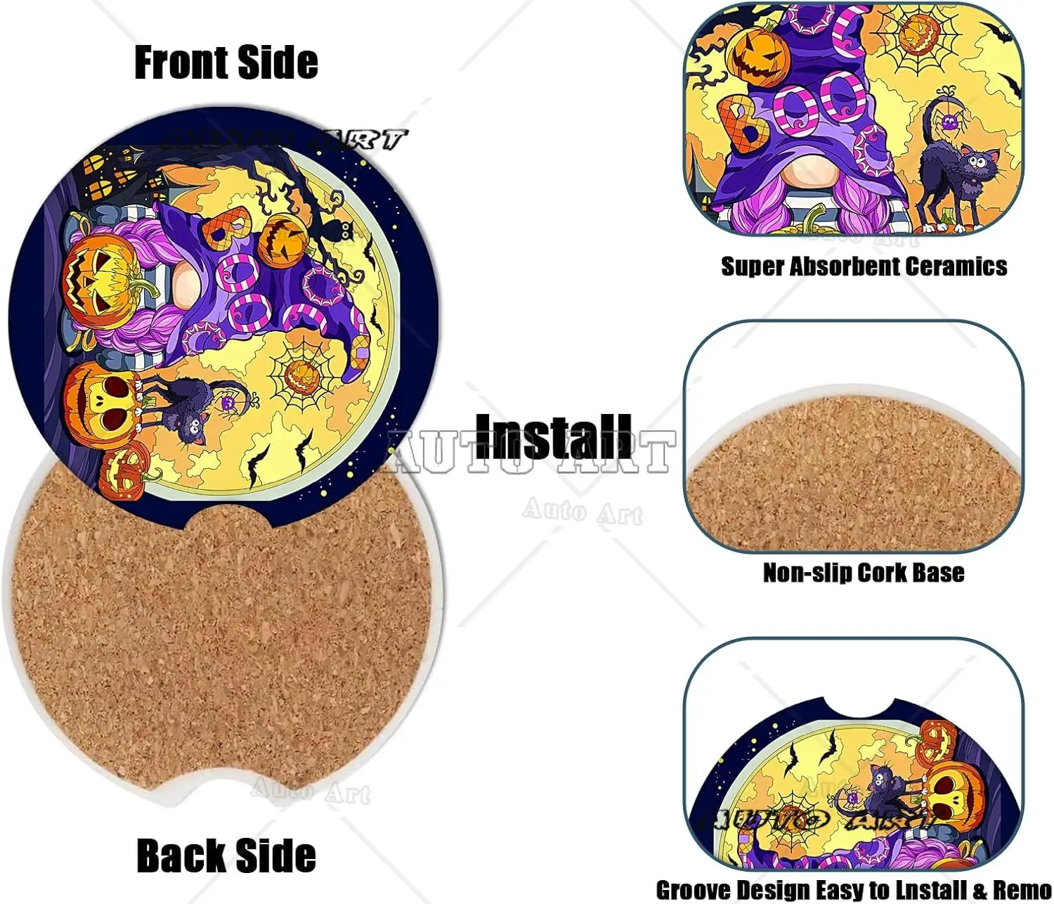 Car Cup Holder Coaster Halloween Pumpkin Gnomes Absorbent Ceramic Coaster Car Coasters for Cup Holders Auto Accessories