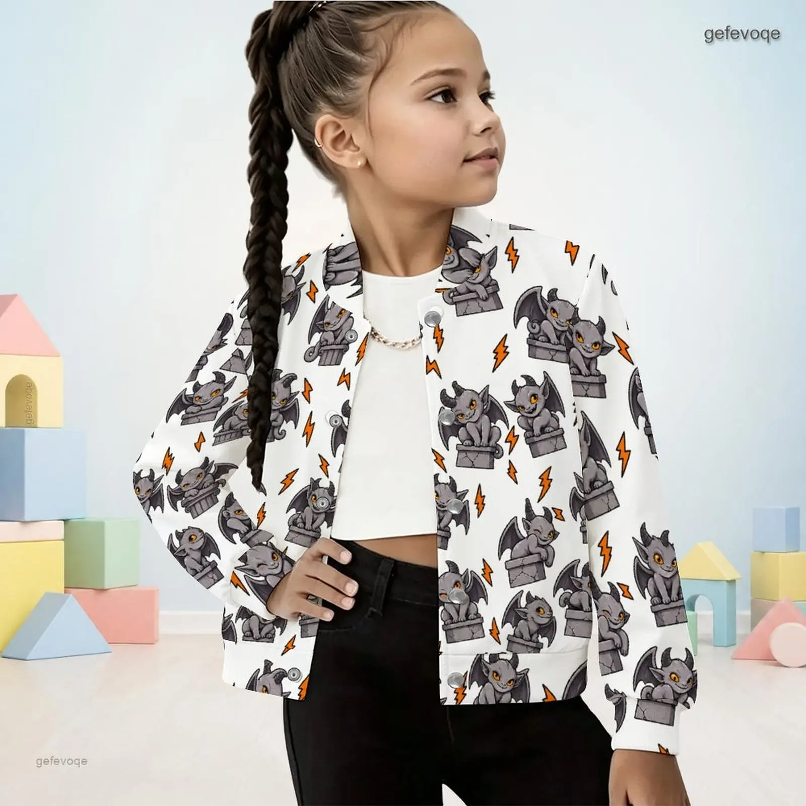 Autumn Graphic Print Girls Button Up Jacket Manin Collar Spooky Kids Clothing Halloween Party Wear
