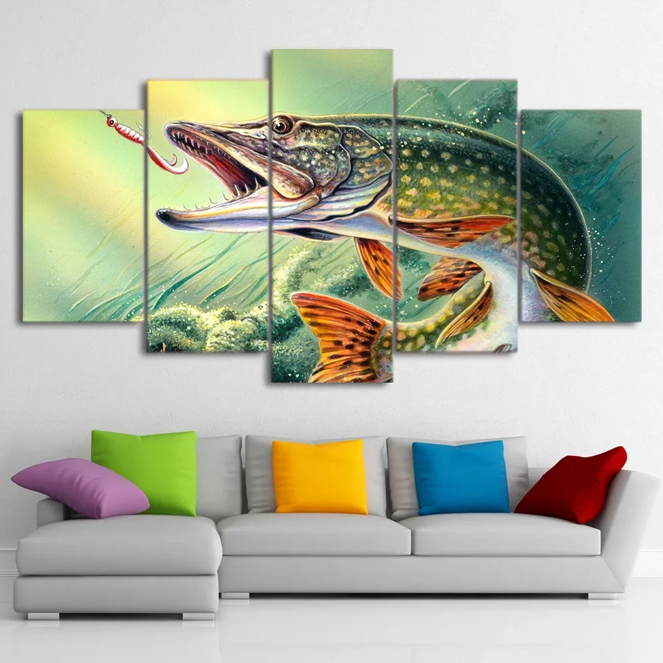 No Framed Canvas 5Pcs Fishing Hooked Pike Fish Wall Art Posters Pictures Paintings Home Decor Accessories Living Room Decoration