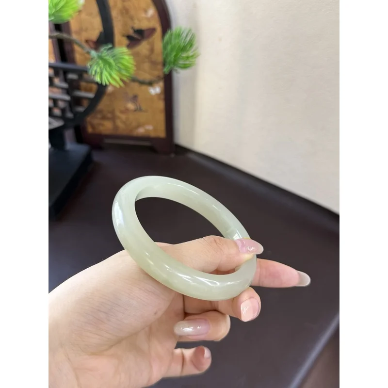 Hetian Women'S Bracelet - , Round Shape, Base, -White Jade, Lake Green