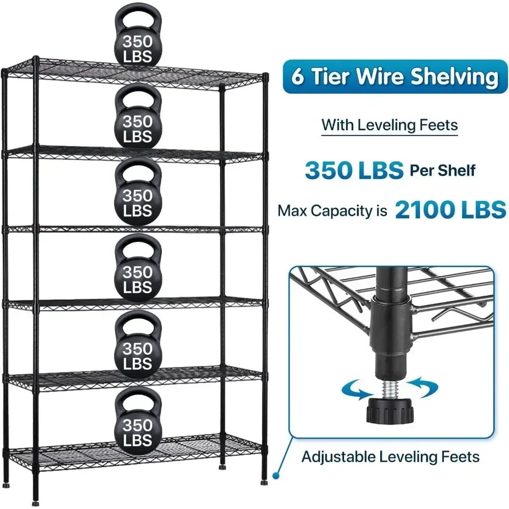 6 Tier Adjustable Wire Shelving Unit w/ Wheels,Heavy Duty Commercial Grade Storage Metal Shelving Rack for Garage Pantry Kitchen