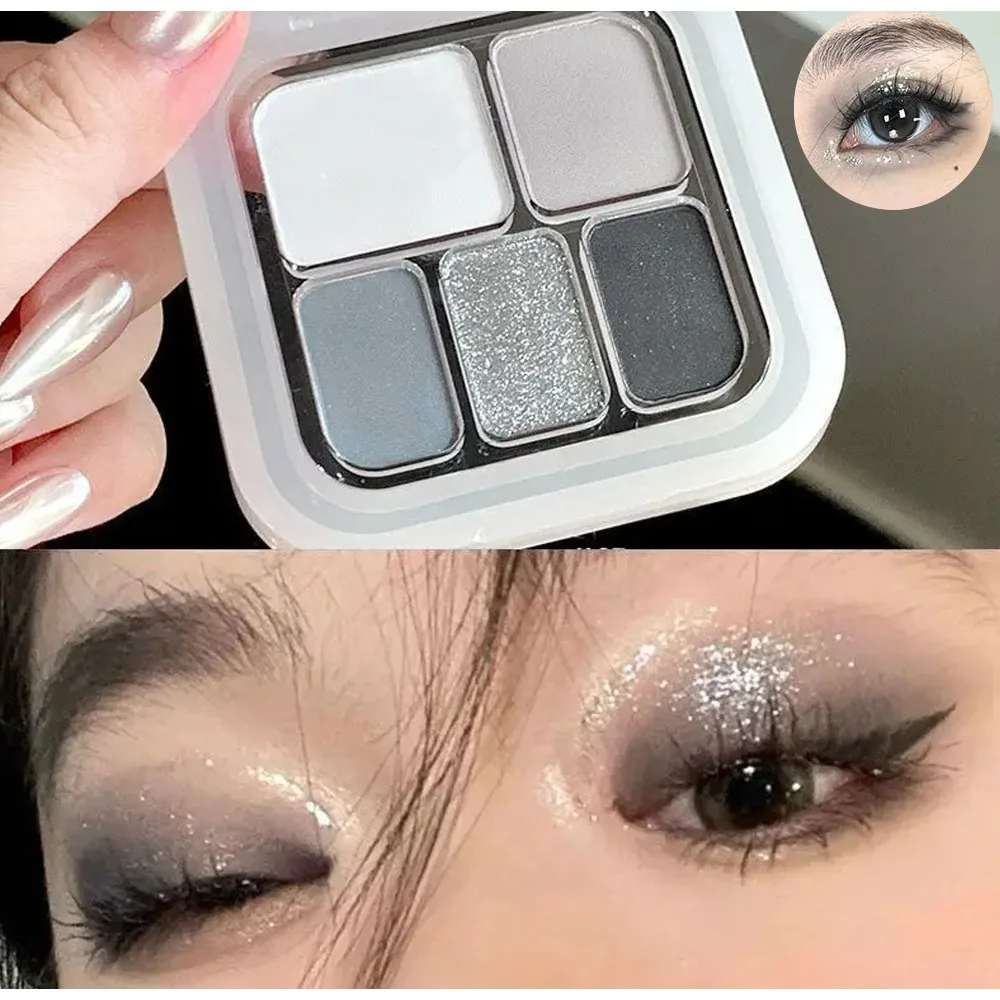 Coreano 5 em 1 paleta de blush de sombra perolado fosco esfumaçado preto branco cimento cinza viagem amigável