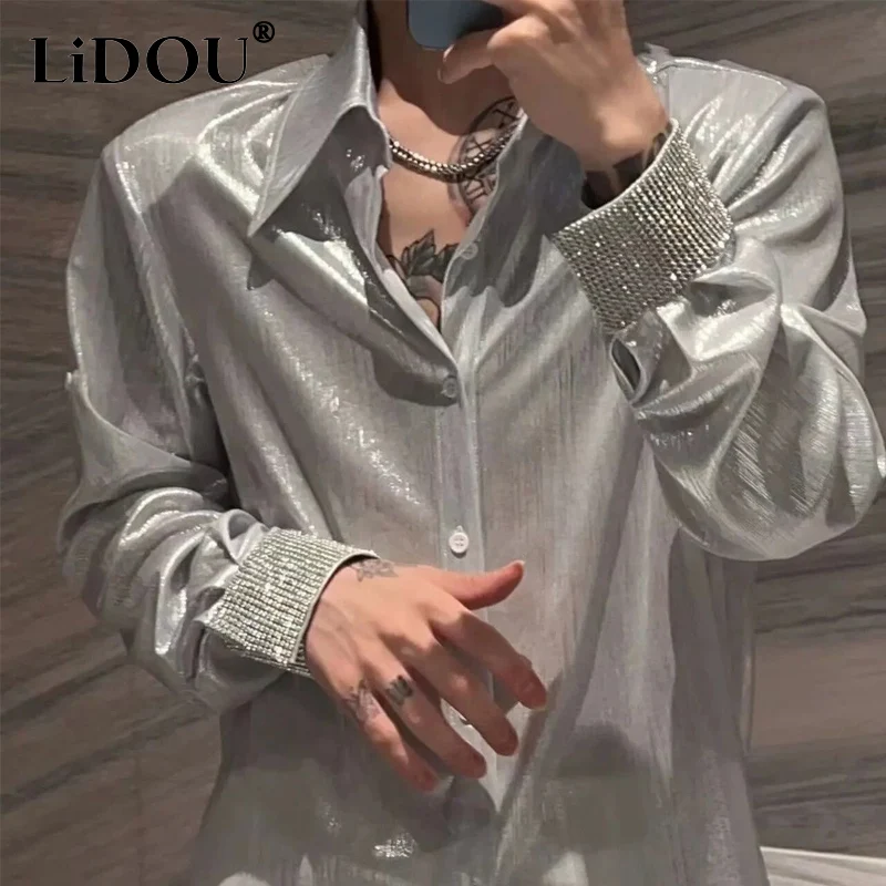 Spring Autumn New Solid Color Fashion Long Sleeve Shirt Man High Street Casual Button Cardigan Men Korean Style Diamonds Tops