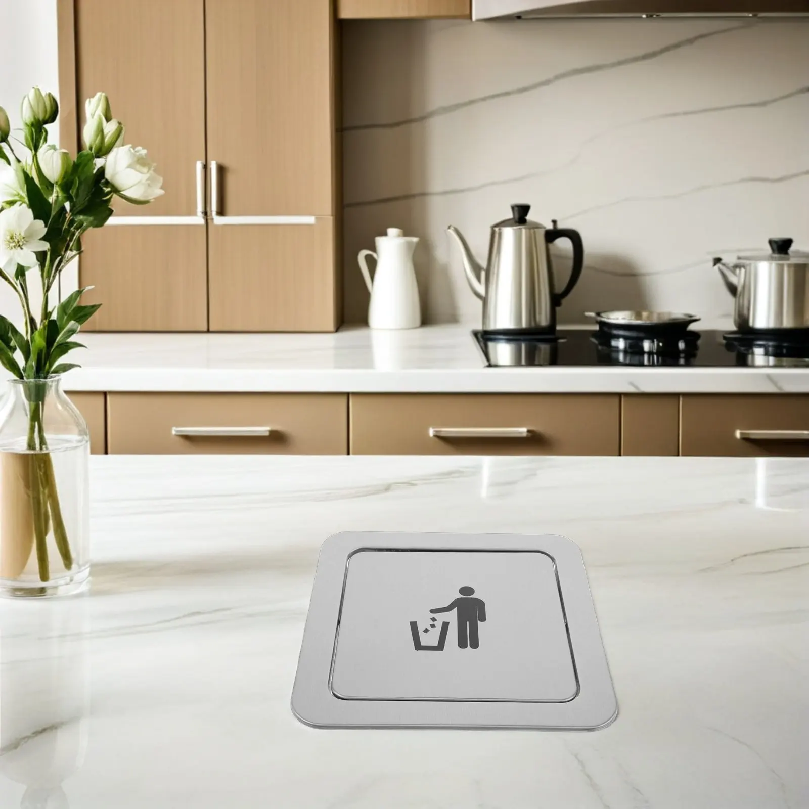 

Square Stainless Steel Countertop Embedded Trash Bin Grommet Lid 19-21Cm Kitchen Opening Recessed Swing Flap Trash Cover Flush