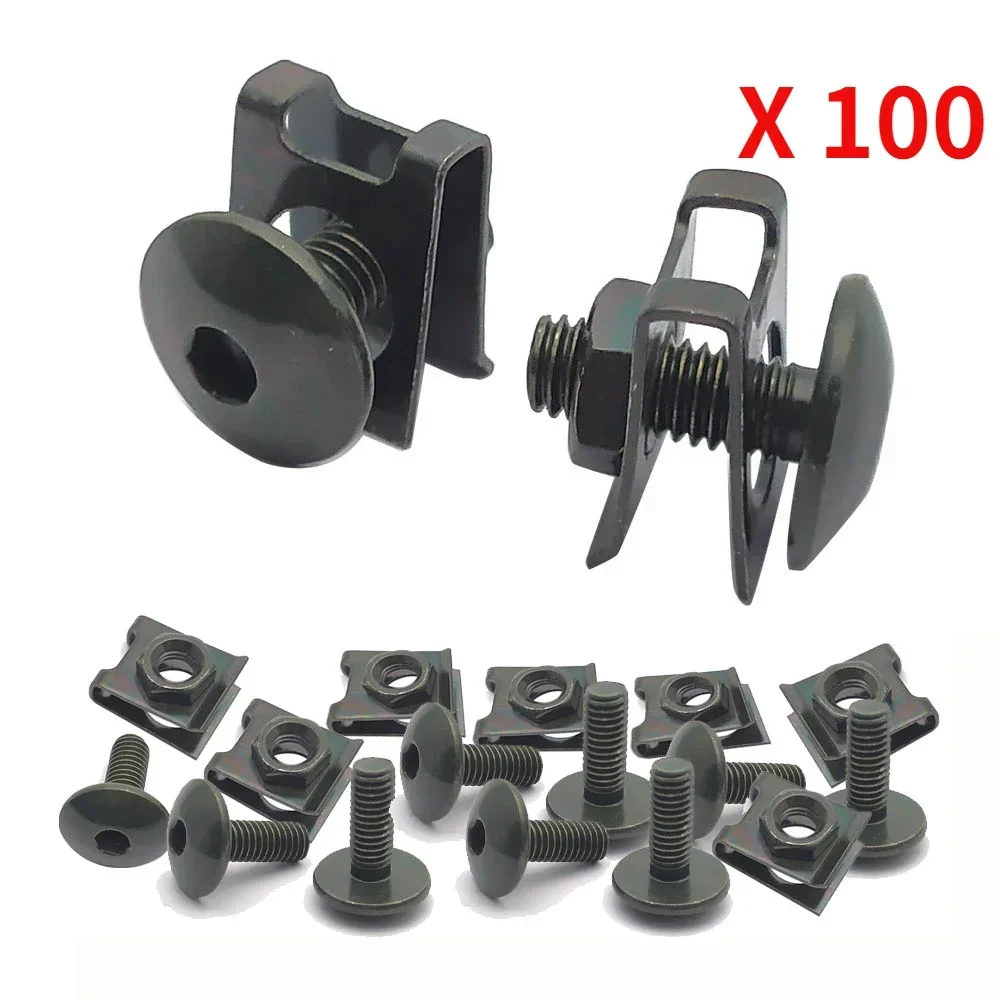 100set Bolt and U Type Clips Nut  for Motorcycle Scooter ATV Moped Plastic Cover Screw with Nut M6 6mm M6X16 Big Flat Hex Bolt