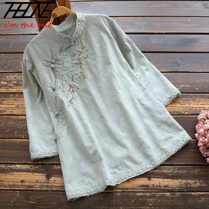 Blusa Mujer Camisas Vintage Cotton Linen Loose Summer Women\'s Clothing Shirts Blouse Embroidery Stand Collar Casual