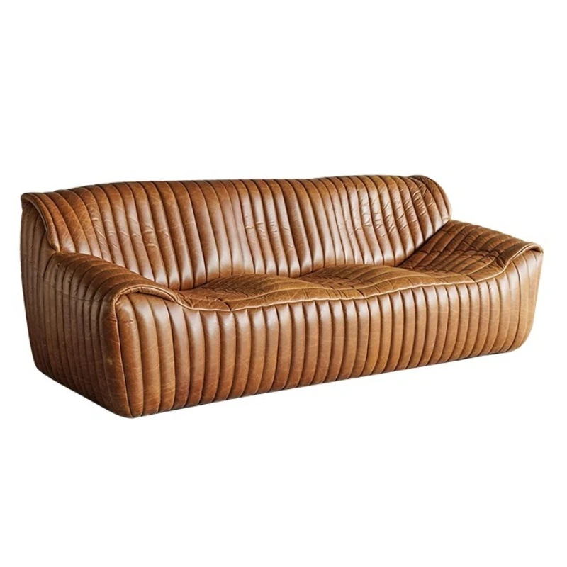 

Medieval style straight row leather sofa French wave sofa retro style oil wax leather old designer villa room