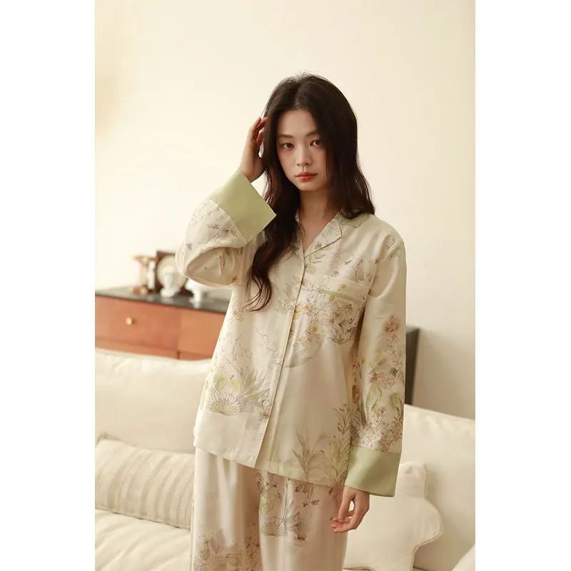 LYCRA Cotton Floral Pajama Set. Silky-Soft Breathable Eco-Conscious. Elegant Botanical Print with Stylish Contrast Cuffs Wear