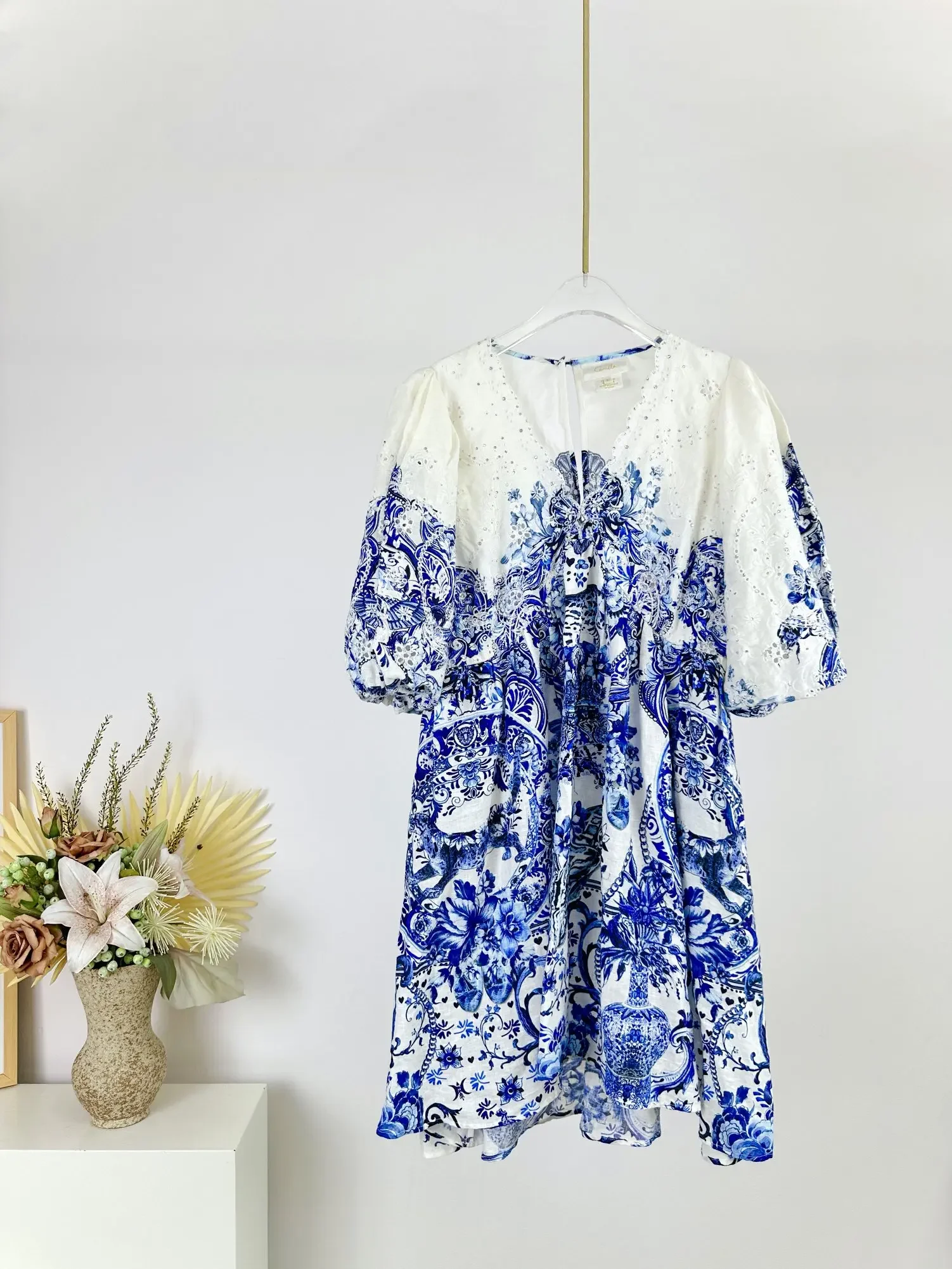 Women Puff Sleeve Dress Flower Print V-Neck Holiday Linen Mini Robe