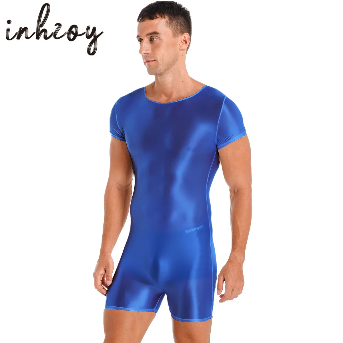 

Mens Glossy Shaper Bodysuit Short Sleeve One Piece Swimwear for Sport Running Yoga Leotard Swimming Suit Stretchy Shorty Unitard