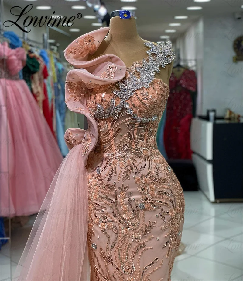 Vestidos longos árabes com lantejoulas e cristais para mulheres, vestidos de sereia frisados, vestidos de noite formais, festa de casamento e gala