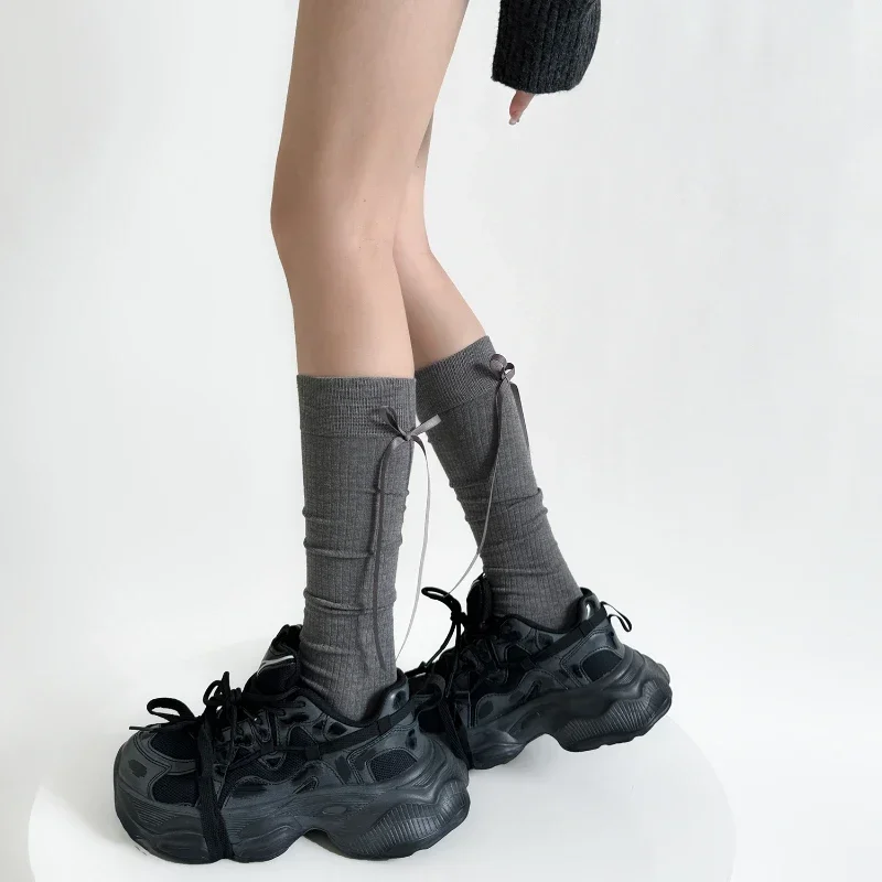 

Чулки женские шерстяные теплые гольфы женские чулки Лолита Kawaii лента с бантом однотонные длинные носки чулки осень и зима