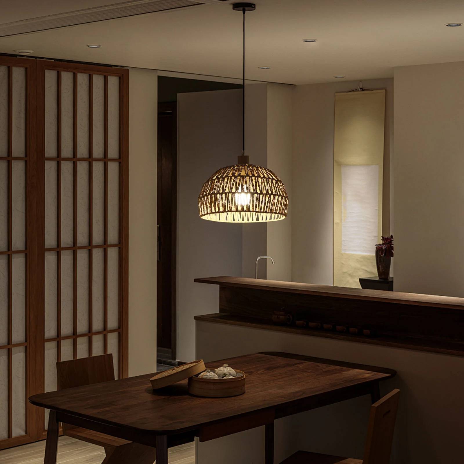 

Small Ceiling Light Shade Simulated Rattan Rope Braided Vintage Lamp Shade Indoor Light Cover for Restaurant Cafe Home