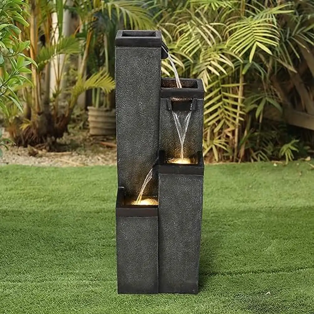 Modern Cascading Water Fountain with LED Lights Indoor Outdoor Garden Patio Decor Durable Fiber-Reinforced Resin 39.3