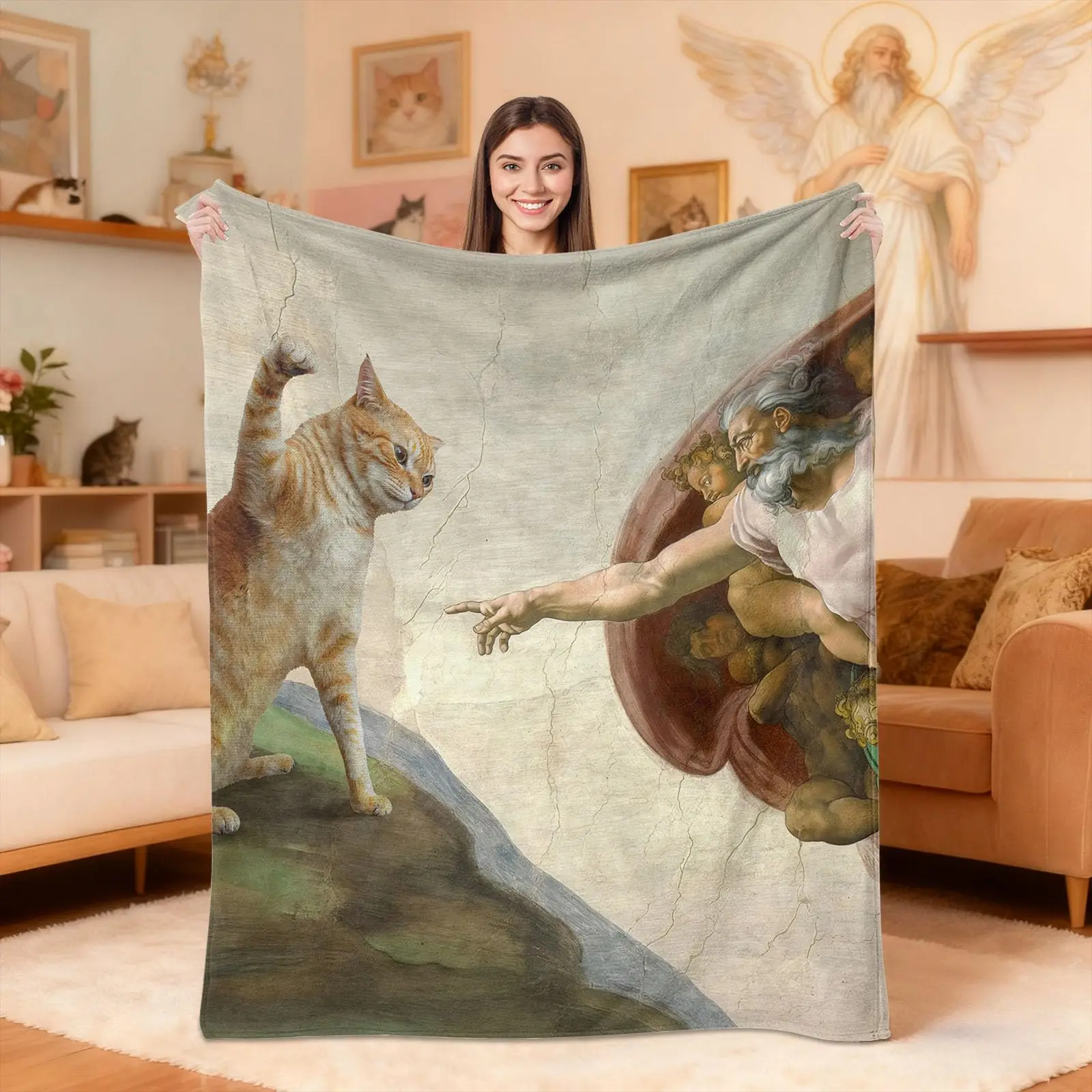 Funny Cat Art Flannel Blanket Michelangelo Parody with Orange Cat Super Soft and Warm Blanket for Couch Sofa Living Room Ideal