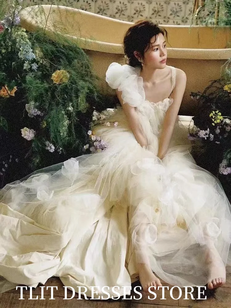 TLIT Fairy Ivory Tulle Evening Dresses Appliques Flowers Square Collar Gowns Customized Korea Wedding Dress Photo Shoot  웨딩드레스