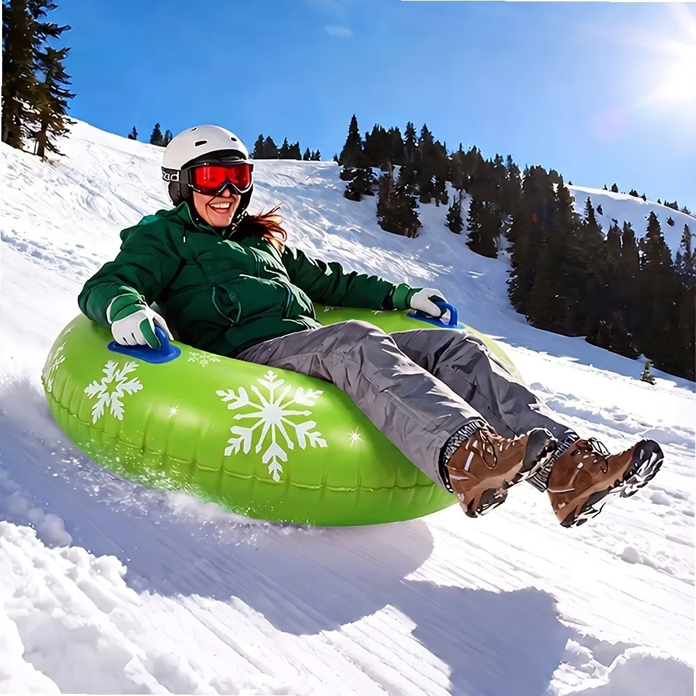 Heavy-Duty PVC Inflatable Snow Tube with Snowflake Pattern, Wear-Resistant Ski Tow Sled for Winter Ski Resort Snow Play