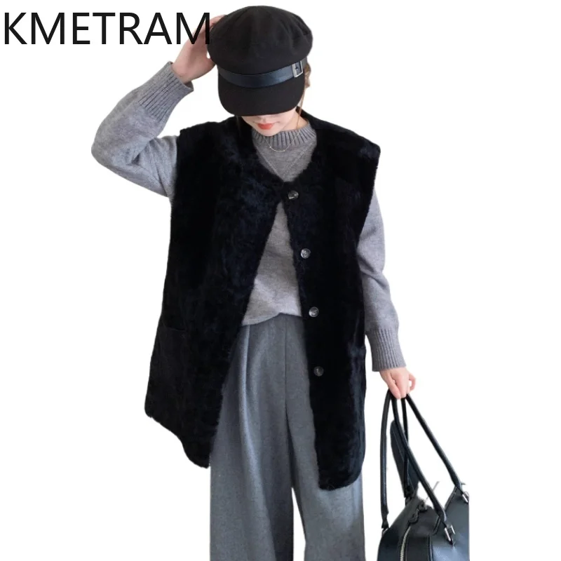 

KMETRAM Natural Merino Sheepskin with Wool Attached Vest Woman Black Sleeveless Reversible Real Fur Coat Winter Clothing шуба