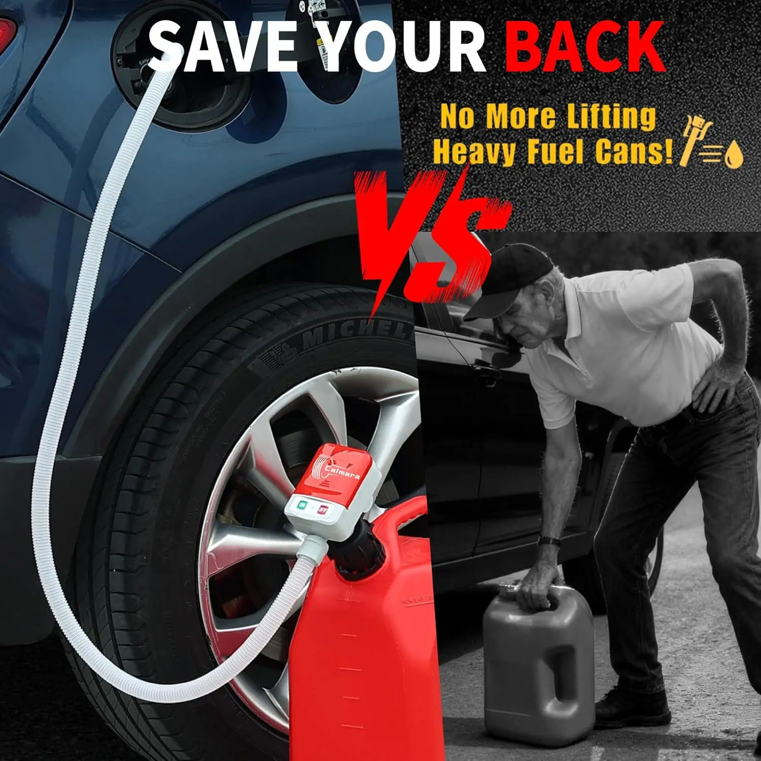 Automatic Fuel Transfer Pump with Auto-Stop, 51'' Hose, 3.2 GPM, Battery Powered, 4 Adapters for Gasoline Diesel Oil