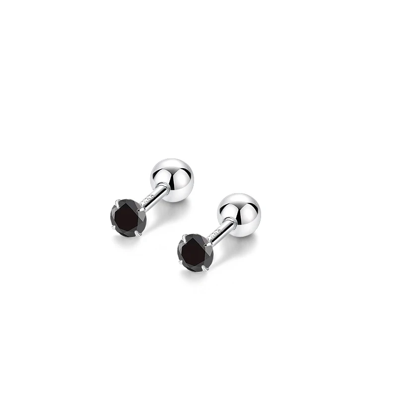 S999 Sterling Silver Simple stud earring for Women White Black Zircon Screw-back Exquisite Small Korean Style Ear Accessories
