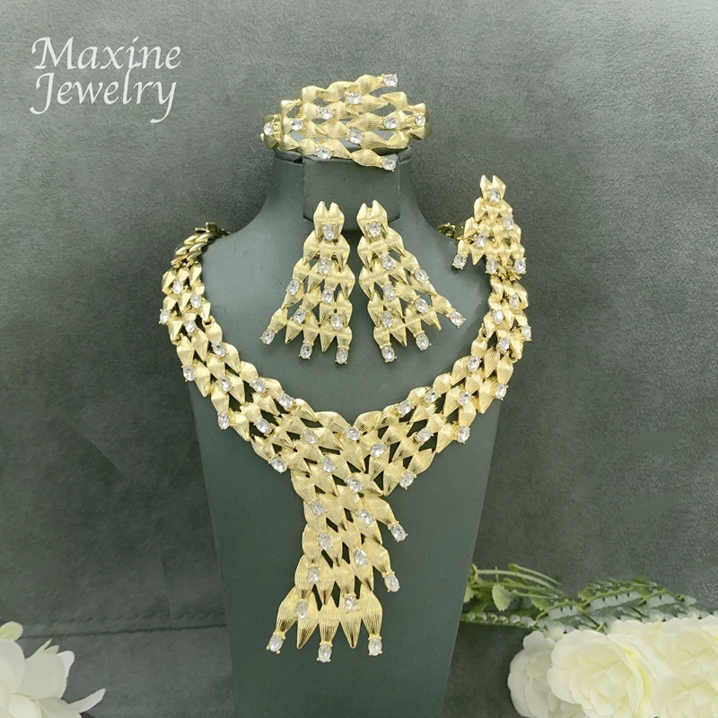 

Rhinestones Exaggerated Chunky Choker Jewelry Set Collar Necklace Drop Earrings Bracelet Ring African Bridal Wedding Party Gifts