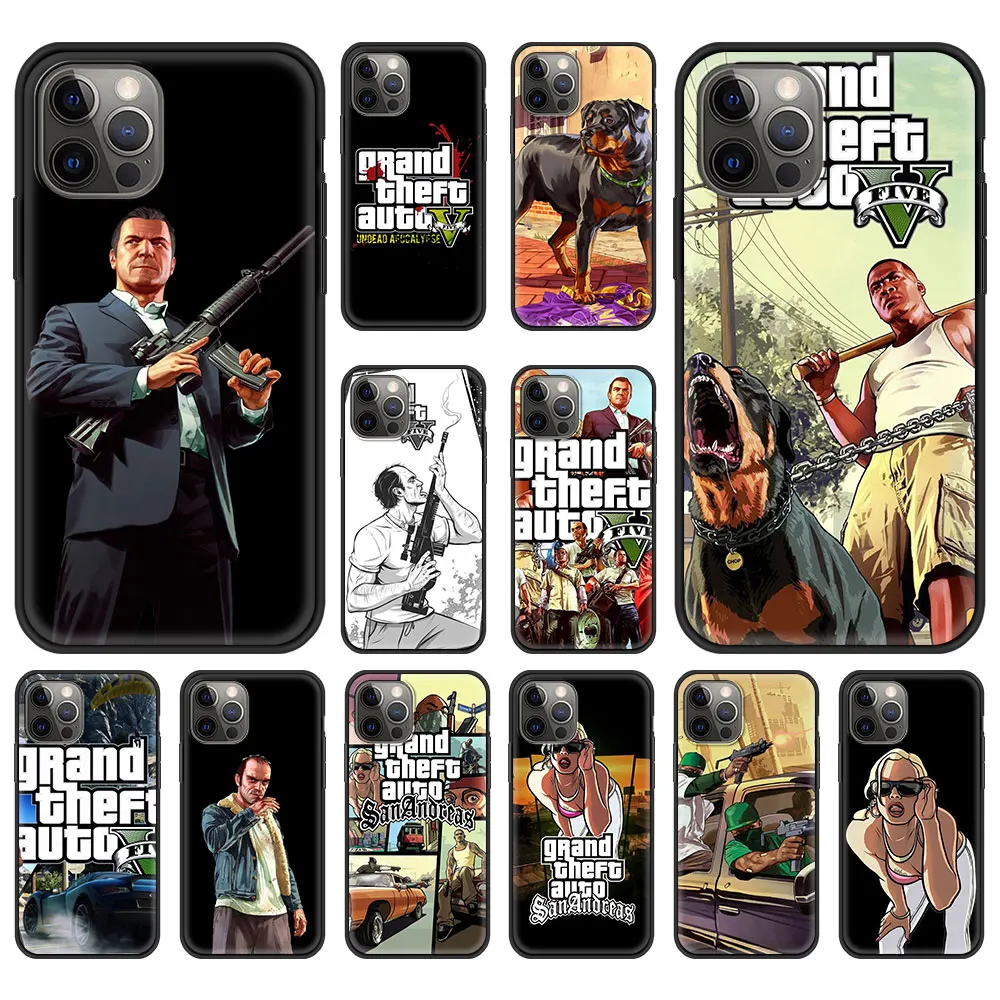 Grand Theft Auto GTA 5 Game Luxury Phone Case For iPhone 13 15 14 12 11 Pro MAX XR X SE XS 7 8 Plus Silicone Black Cover Fundas