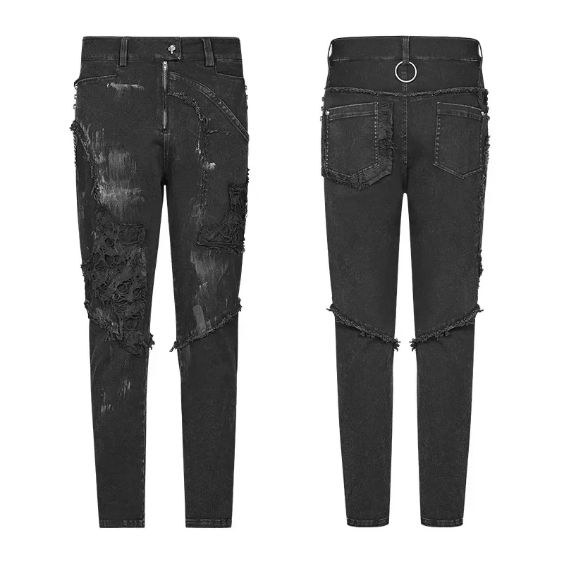 PUNK RAVE New Men\'s Punk Rock Broken Hole Net Black Long  Trousers Gothic Casual Male Motocycle Cotton Denim Pants Visual Kei