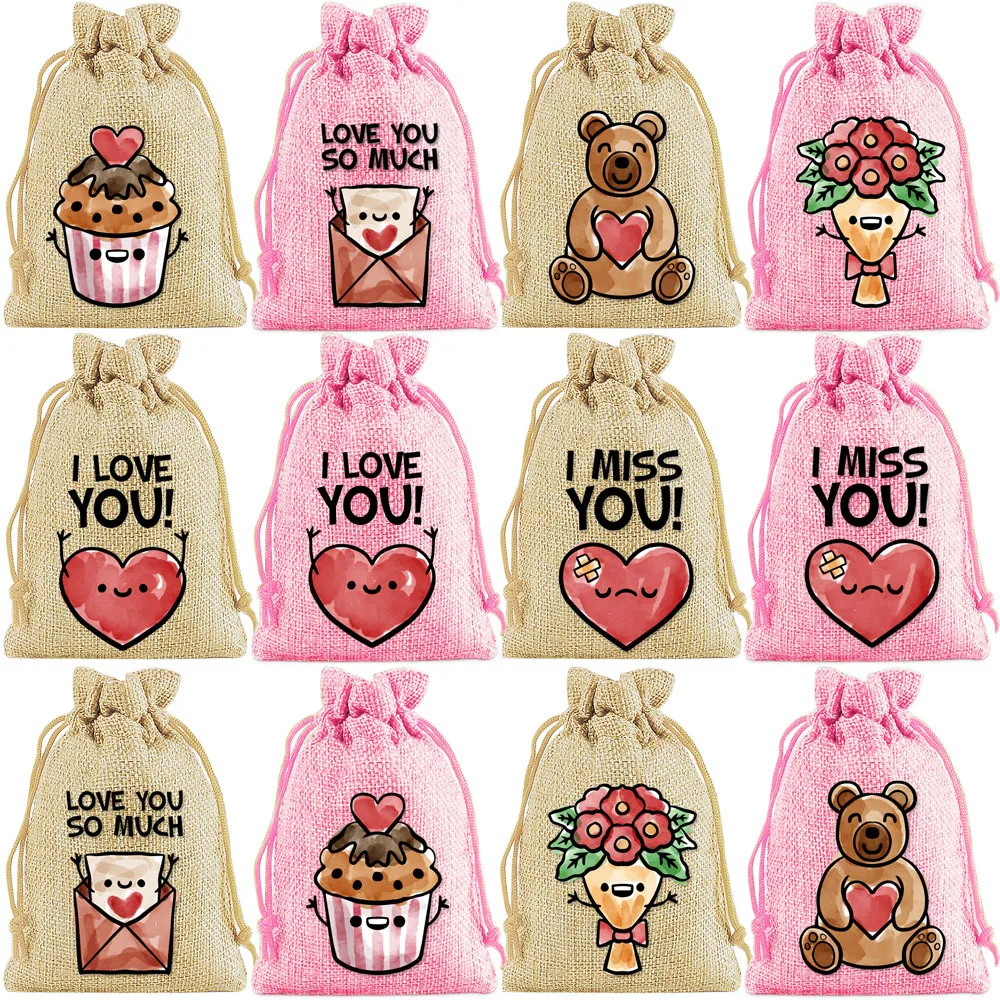 36pcs/lot 2025 New Valentine's Day Gift Bag Heart Shaped Burlap Linen Bag Wedding Party Gift Bag Drawstring Pouches Wholesale