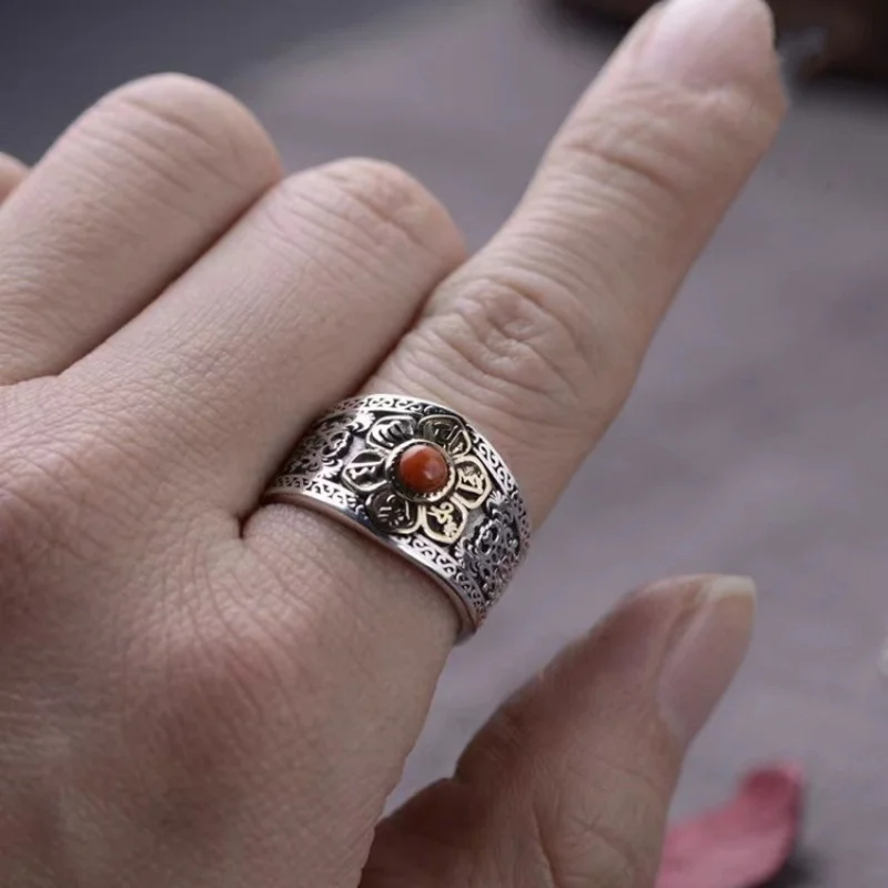 Buyee 925 Sterling Silver Flower Ring Finger Natural Carnelian Open Ring for Woman Fashion Ethnic Fine Jewelry Circle with Box