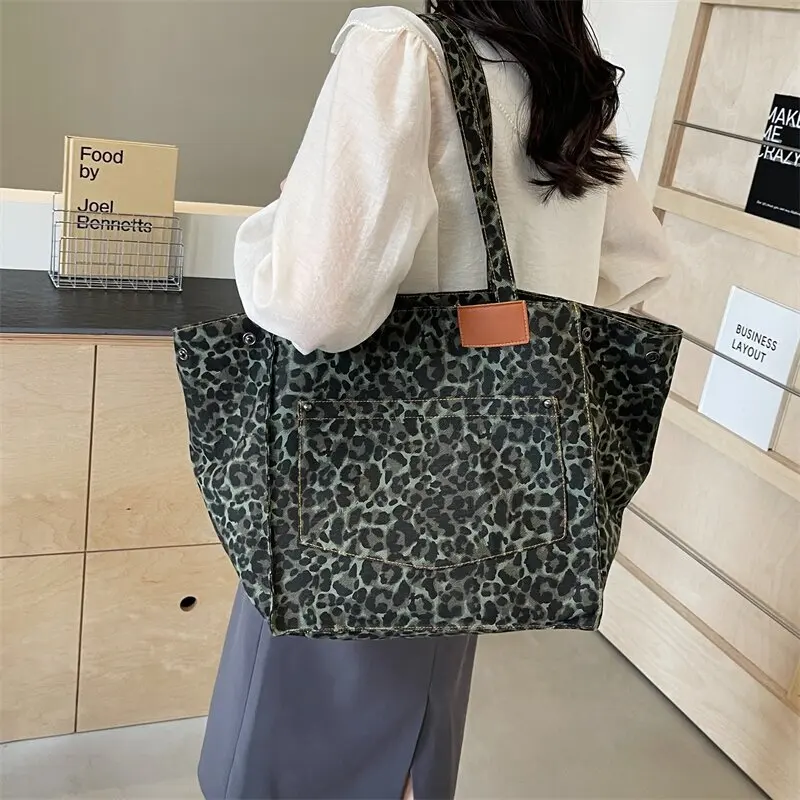 

Leopard Print Women's Shoulder Bags Deformable Canvas Large Capacity Shopping Totes All Season New Luxury Handbags For Girls