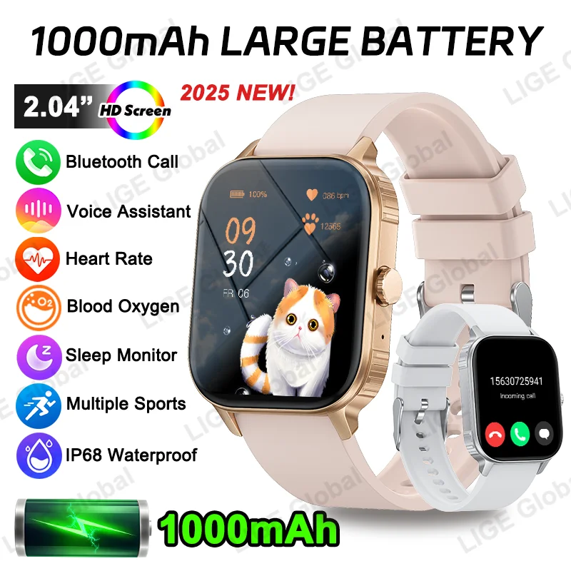 

LIGE 1000 мАч аккумулятор женские умные часы мужские водонепроницаемые пульсометр спортивные 2,01-дюймовые HD Bluetooth вызов умные часы для iOS Android