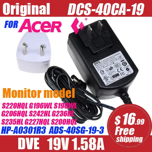 

Original DVE 19V 1.58A Power Adapter For Acer LCD Monitor Power Supply G196HQL G206HL S190WL D255E G206HQL HP-A0301R3 DSA-40CA