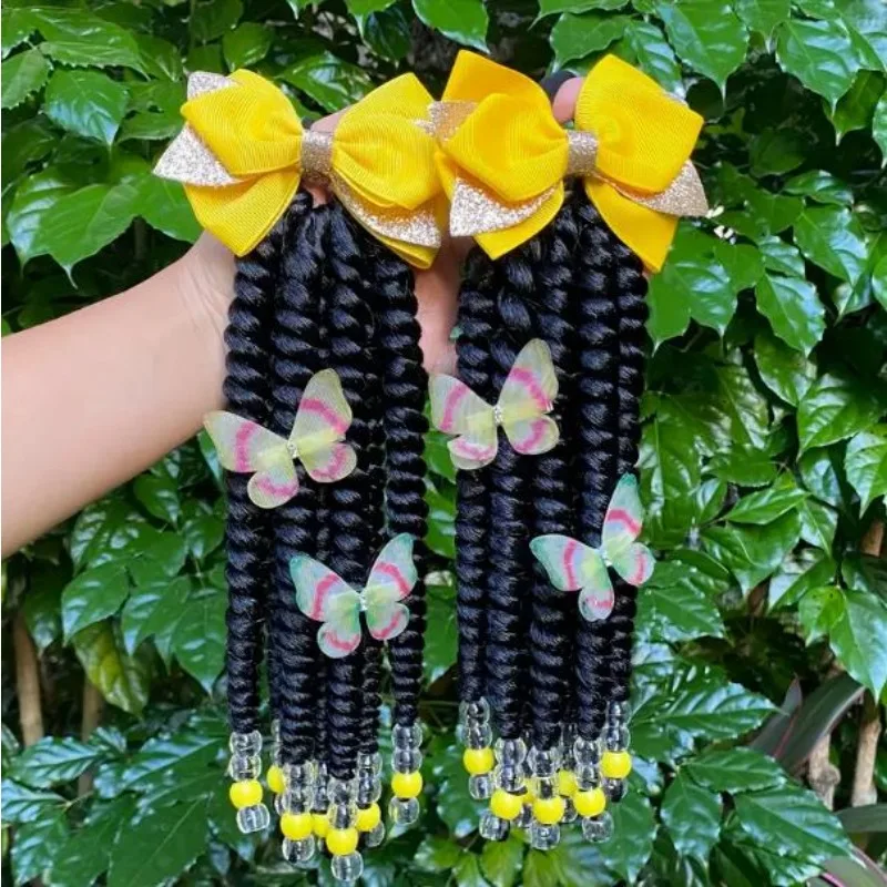2 แพ็คผมเด็ก Twist หางม้าสังเคราะห์เลเซอร์ Glitter SHINY Bling Little Girls Braided Ponytails กับลูกปัดผีเสื้อ
