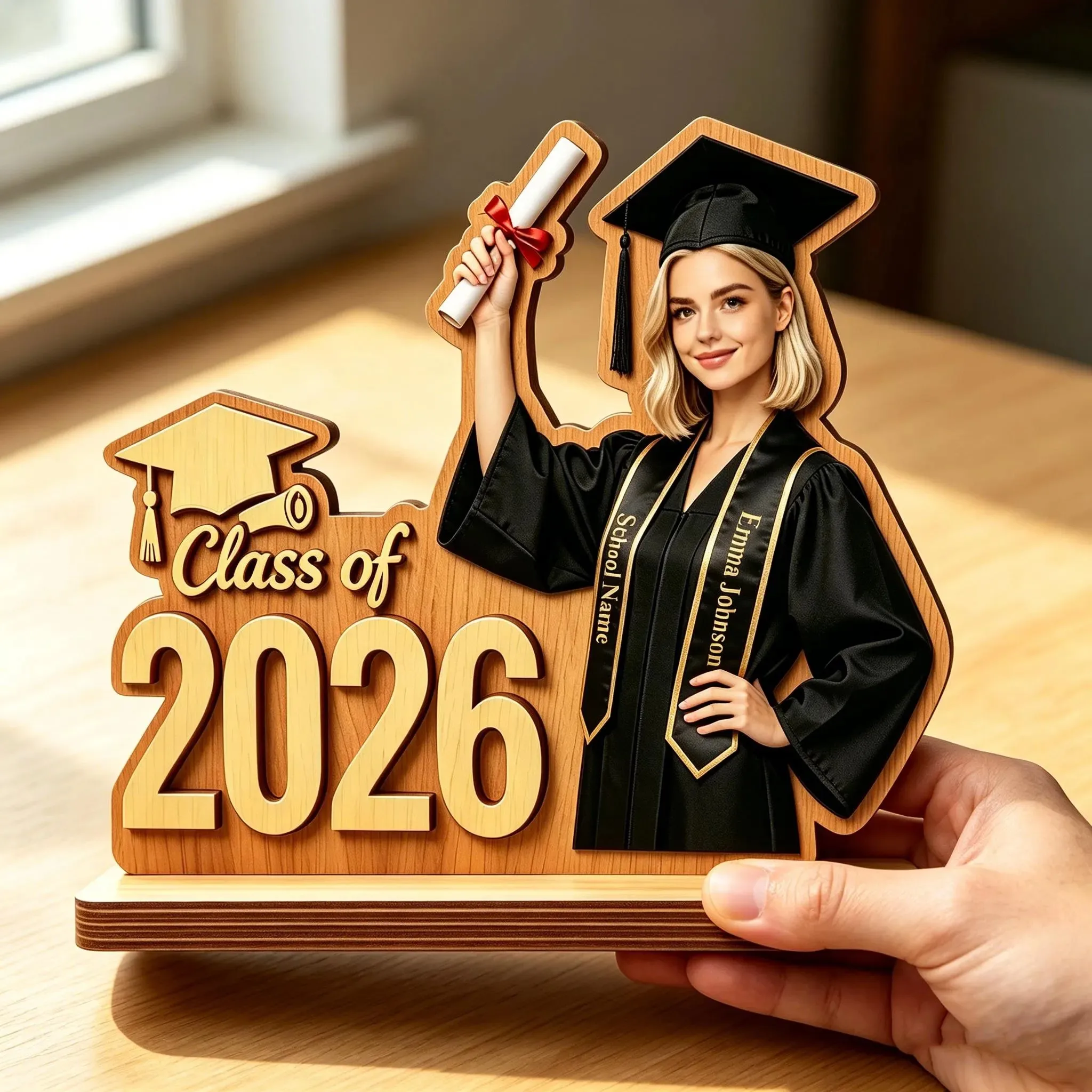 Custom Graduation Wooden Plaque Personalized Class of 2026 Photo Name Keepsake Gift Grad Congrats Present for Friends