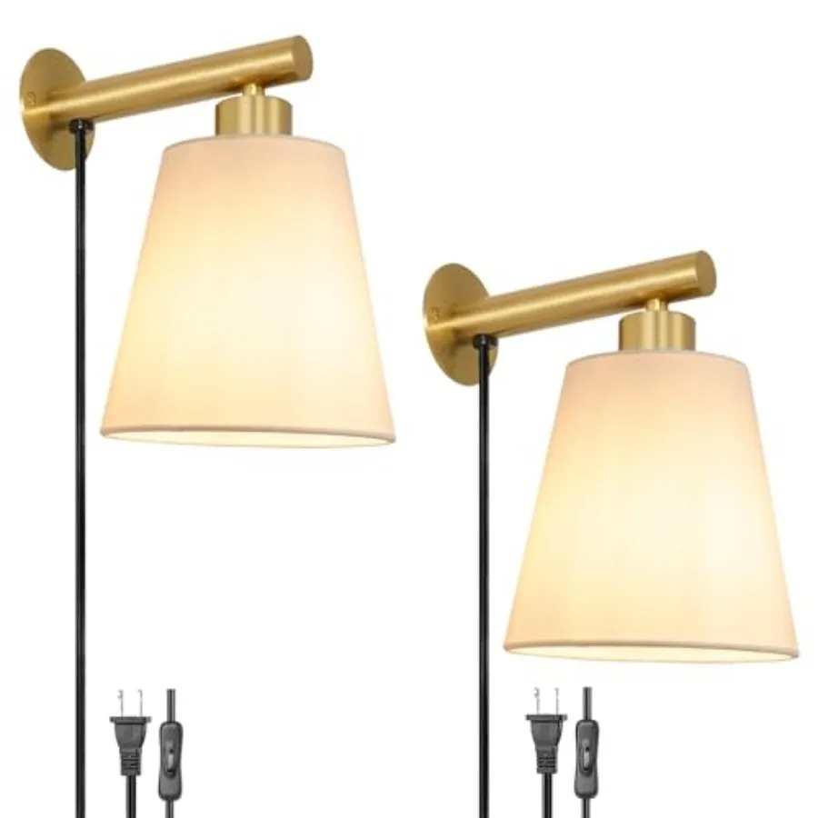 Plug-in Wall Sconces Set of 2, Bedside Lamps With Fabric Linen Shade, Brass Wall Sconce With Cord, Wall Decor Bedroom Lights fo