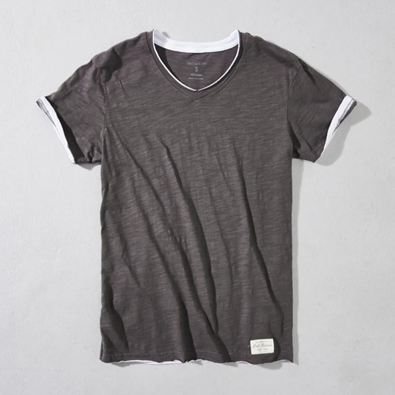 100% Cotton Men's Soft Comfortable V-neck White T-shirt Summer Fashion Good Quality Patchwork Short Sleeve Loose Casual Tee Tops