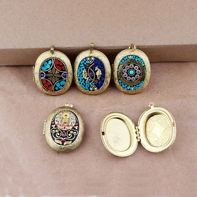 Brass Locket Pendant Photo box pendant Nepalese Ethnic Style Handmade Inlay Pendant Exquisite Oval Pendant Necklace Accessories