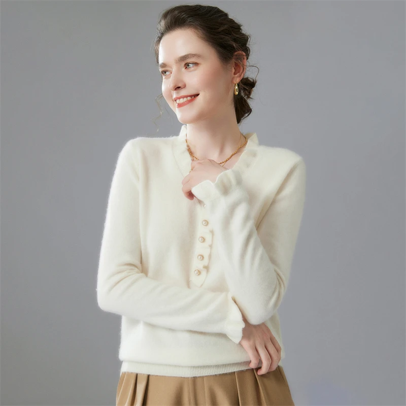 Maglione di cashmere di alta qualità da donna Pullover con scollo a V pieghettato Maglione di cashmere autunno inverno lavorato a maglia moda slim fit