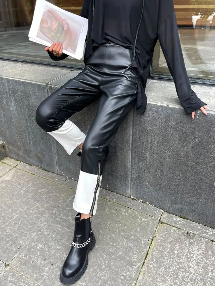 2023 autumn winter new casual straight pants for women Korean fashion elastic waist contrast color zipper pu leather pants Y3145