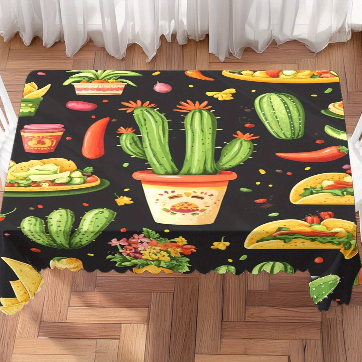 Cartoon Mexican Taco Cactus Chili Waterproof Tablecloth, Rectangular Cover for Home Dining Fiesta Food Themed Party Decor