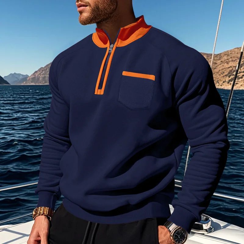 Men-Fleece-Lined-Half-Zip-Sweatshirt-Stand-Collar-Color-Block-Pocket-Pullover-Autumn-Winter-Loose-Casual-Warm-Long-Sleeve-Tops