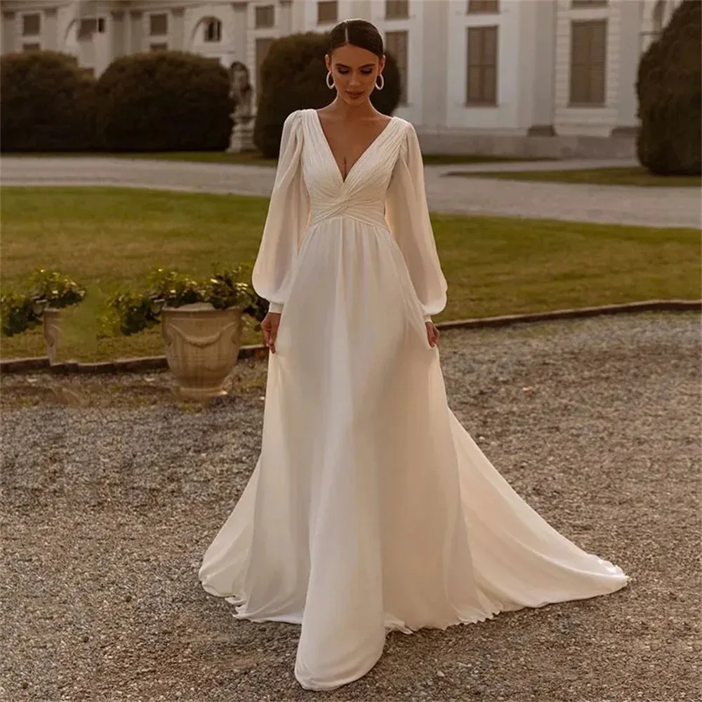 

French Wedding Dress 2026 New Bridal Chiffon Going Out Dress Sexy Deep V Satin Dress Long Sleeve